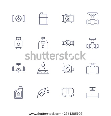 Natural petroleum icon set. Thin line icon. Editable stroke. Containing dippel oil, fuel, oil tank, valve, gas cylinder, gasoline, oil valve, gas, pipe, bottle, oil pump.