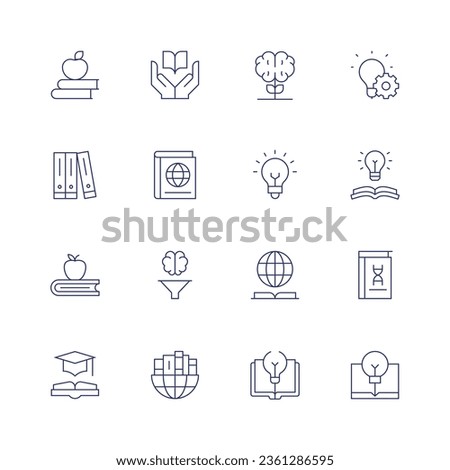 Knowledge icon set. Thin line icon. Editable stroke. Containing apple, book, growth, idea, knowledge, books, critical thinking, education, global, light bulb.