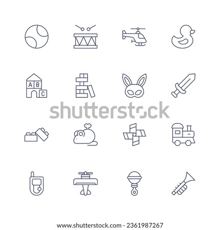 Toys icon set. Thin line icon. Editable stroke. Containing ball, blocks, bricks, cell phone, drum, helicopter, jenga, mask, mouse toy, pinwheel, plane, rattle, rubber duck, sword, toy train, trumpet.