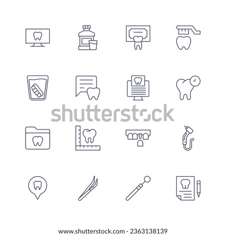 Dental icon set. Thin line icon. Editable stroke. Containing dental, denture, folder, location, mouthwash, talk, tooth, tweezers, dentist, implant, mirror, scan, brush teeth, dental drill.