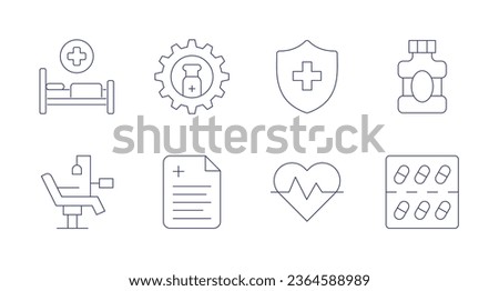 Healthcare icons. Editable stroke. Containing bed, chair, gear, health insurance, health report, heart beat, mouthwash, pill.