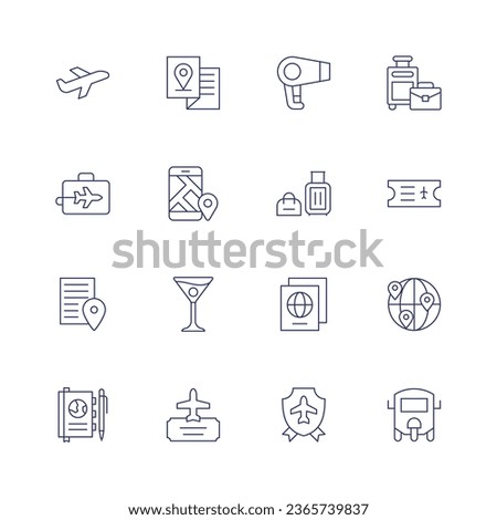 Travel icon set. Thin line icon. Editable stroke. Containing airplane, brochure, business trip, check in, checklist, diary, hair dryer, luggage, martini, passport, plane ticket, shield, suitcase.