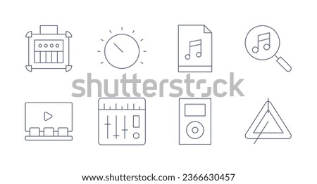 Music icons. Editable stroke. Containing amplifier, cinema, knob, mixer, music file, music player, search, triangle.