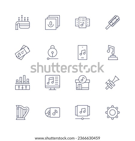 Music icon set. Thin line icon. Editable stroke. Containing bagpipe, concert, equalizer, harp, library, moktak, music album, files, music player, store, playlist, sleigh bell.