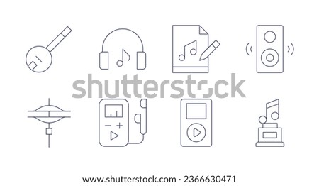 Music icons. Editable stroke. Containing banjo, cymbals, listen, mp player, music files, music player, sound system, trophy.