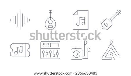 Music icons. Editable stroke. Containing audio waves, concert, laud, mixer, music file, music player, shamisen, triangle.