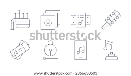 Music icons. Editable stroke. Containing bagpipe, concert, library, moktak, music files, music player, sleigh bell, trophy.