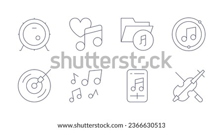 Music icons. Editable stroke. Containing bass drum, dj, love song, music folder, music player, violin, note.