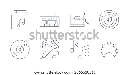Music icons. Editable stroke. Containing album, cd player, keyboard, microphone, music box, music note, music notes, tambourine.