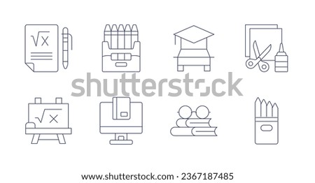 School icons. Editable stroke. Containing algebra, blackboard, crayons, driving school, ebook, glasses, paper crafts, pencilcase.