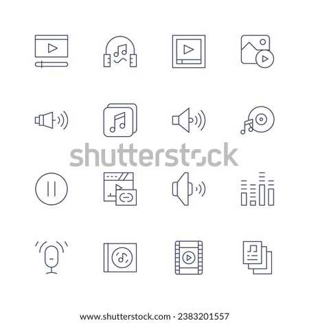 Multimedia icon set. Thin line icon. Editable stroke. Containing music therapy, music, link, music album, video, volume, pause, podcast, video player, sound, movie, slideshow, sound bars, music file.