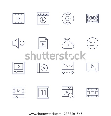 Multimedia icon set. Thin line icon. Editable stroke. Containing disk, streaming, animation, search, media, video file, cd, pause, watching, video editing app, tv monitor, video, volume, video player.