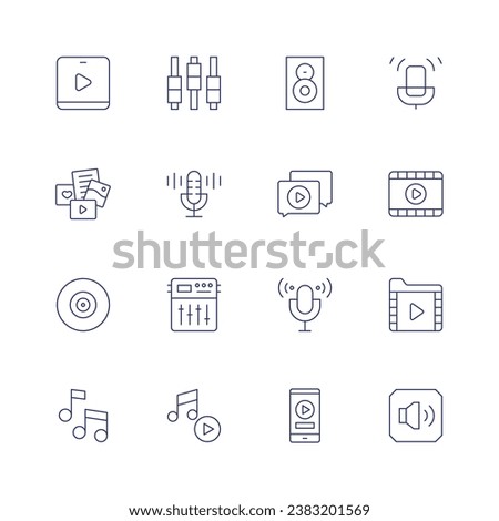 Multimedia icon set. Thin line icon. Editable stroke. Containing speaker, video chat, microphone, phone, settings, voice control, equalizer, music, podcast, video player, video file, volume, music.