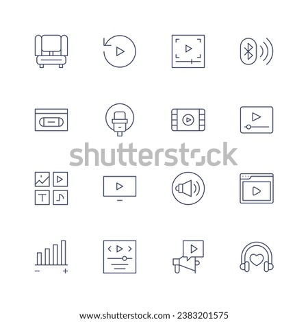 Multimedia icon set. Thin line icon. Editable stroke. Containing replay, microphone, video, player, home theater, vhs, media, volume, video player, speaker, megaphone, bluetooth, headphones.