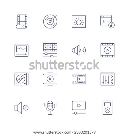 Multimedia icon set. Thin line icon. Editable stroke. Containing dj music, video edition, play, audio, movie, audio player, cd, volume, control, sound, video player, streaming, mixer, music player.