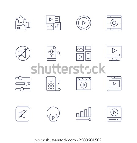 Multimedia icon set. Thin line icon. Editable stroke. Containing movie, video player, video, movies app, mute, settings, play, volume, content management, multimedia, sound, instagram live, speaker.
