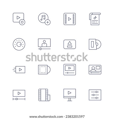 Multimedia icon set. Thin line icon. Editable stroke. Containing playlist, video, cd, film, volume control, video player, eject, music sheet, vinyl, setup.