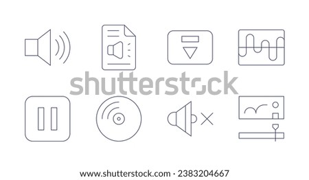 Multimedia icons. Editable stroke. Containing transcription, vinyl, pause, eject, mute, volume, frequency, motion graphic.