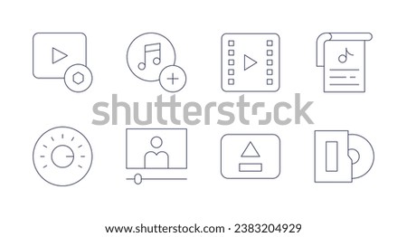 Multimedia icons. Editable stroke. Containing playlist, video, volume control, eject, music sheet, vinyl.