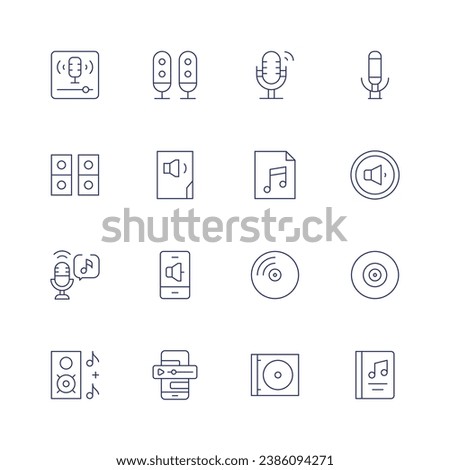 Audio icon set. Thin line icon. Editable stroke. Containing podcast, speakers, music, microphone, song, vinyl, cd, sound system, audio, volume down, audio file, audio message, music and multimedia.