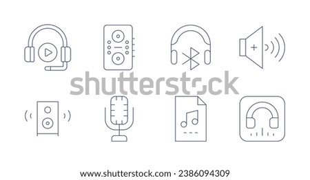 Audio icons. Editable stroke. Containing speaker, microphone, volume up, listen, audio, audio file, audio headset.