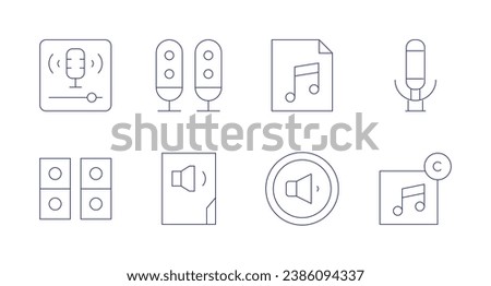 Audio icons. Editable stroke. Containing podcast, speakers, song, sound system, audio, volume down, audio message.