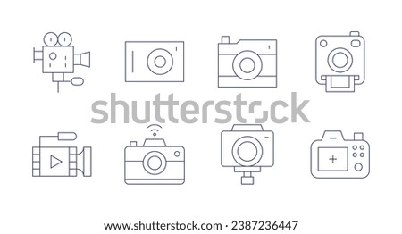 Camera icons. Editable stroke. Containing camera, camera stand, polaroid camera, photo, cinema, video.