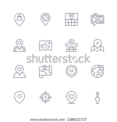 Location icon set. Thin line icon. Editable stroke. Containing share location, map, earth, positioning, placeholder, location, location pin, map pointer, distance, crosshair.