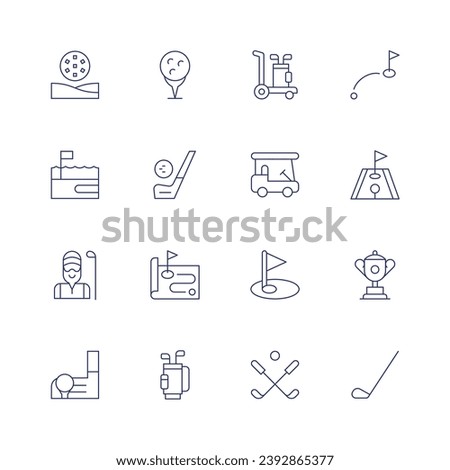 Golf icon set. Thin line icon. Editable stroke. Containing bunker, field, caddy, golf, tee, cart, map, flag, golf bag, distance, mini golf, club.