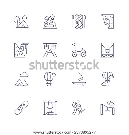 Adventure icon set. Thin line icon. Editable stroke. Containing ski, camping, route, rock climbing, climbing, quad, cable car, tent, windsurf, bungee jumping, hot air balloon, snowboard, pot, zip wire