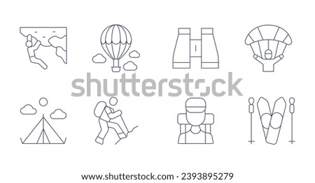 Adventure icons. Editable stroke. Containing rock climbing, camping, binoculars, traveler, hot air balloon, parachute, hiking, ski.