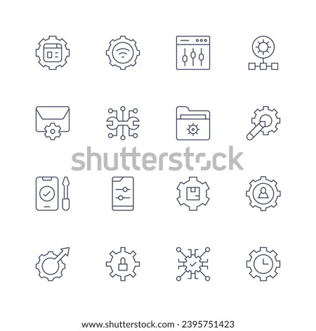 Settings icon set. Thin line icon. Editable stroke. Containing web management, mail, repair, testing, settings, automation, network, user, time optimization.