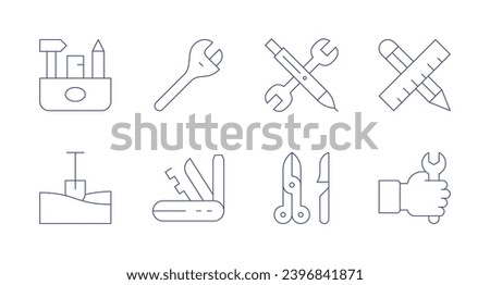 Tools icons. Editable stroke. Containing toolbox, shovel, wrench, utility knife, tools, medical tools, pencil and ruler, labor.