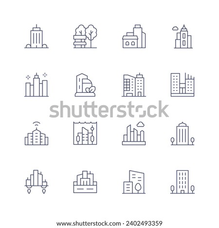 City icon set. Thin line icon. Editable stroke. Containing office building, park, city, green, smart city, underwater city, building, skyscraper, flat, cityscape.