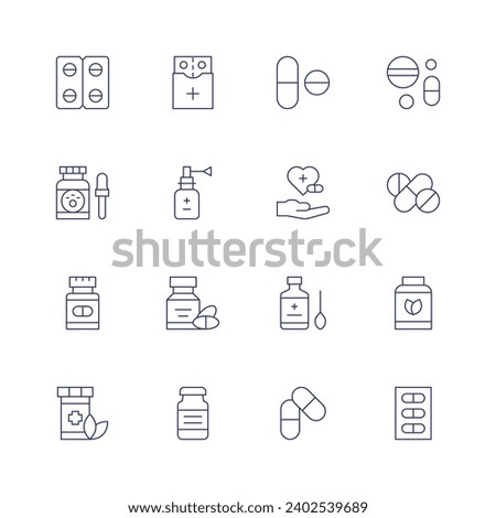 Medicine icon set. Thin line icon. Editable stroke. Containing medicine, natural medicine, nasal spray, vial, pills, treatment, syrup, vegan.