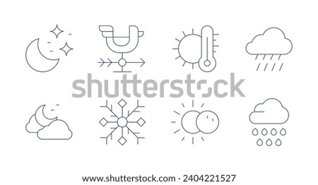 Weather forecast icons. Editable stroke. Containing night, weathercock, snowflake, temperature, eclipse, rainy, rain cloud.