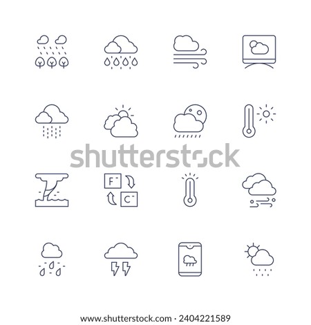 Weather forecast icon set. Thin line icon. Editable stroke. Containing forest, drizzle, waterspout, sleet, rain, cloudy, fahrenheit, thunder, wind, rainy night, overheating, weather, weather forecast.