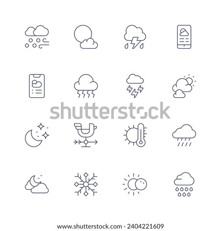 Weather forecast icon set. Thin line icon. Editable stroke. Containing snow, night, full moon, bolt, weathercock, snowflake, thunderstorm, storm, temperature, eclipse, weather forecast, cloudy day.