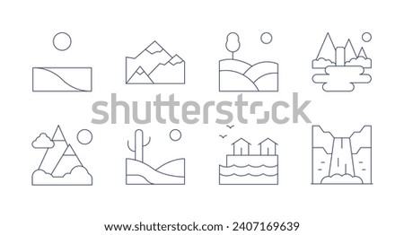 Landscape icons. Editable stroke. Containing desert, mountain range, mountain, hill, sea, waterfall, lake.