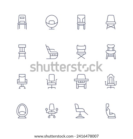 Chair icon set. Thin line icon. Editable stroke. Containing chair, officechair, eggchair, rockingchair, directorchair, feedingchair, salonchair, gamingchair, babychair.