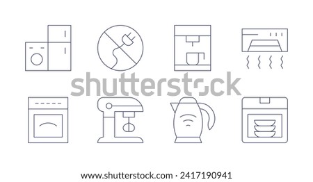 Appliances icons. Editable stroke. Containing electricappliance, oven, off, blender, coffeemaker, electrickettle, airconditioner, dishwasher.