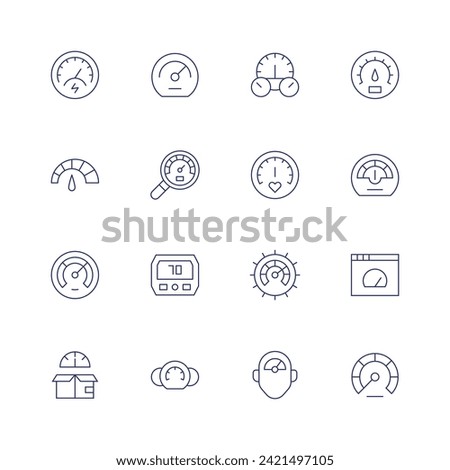 Speedometer icon set. Thin line icon. Editable stroke. Containing speedometer, productivity, pressure, gauge, browser, efficiency.