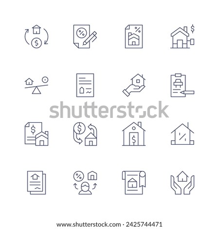 Mortgage icon set. Thin line icon. Editable stroke. Containing home, loan, exchange, deed, mortgage, mortgageloan, housedeeds.