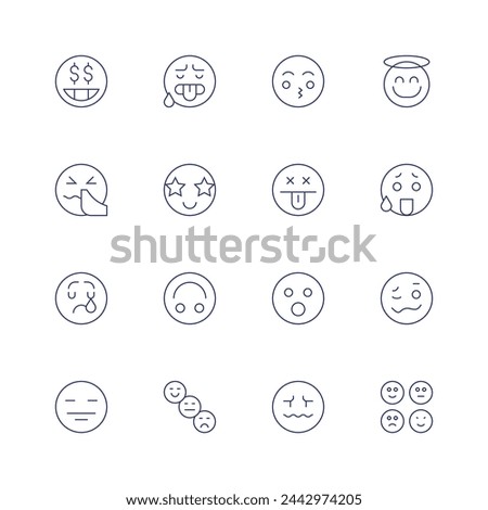 Expressionism icon set. Thin line icon. Editable stroke. Containing money, hot, sick, star, sad, playful, pokerface, smiley, kiss, dead, surprised, confused, angel, drunk, emotions.