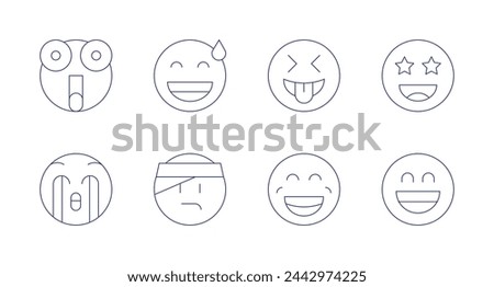 Expressionism icons. Editable stroke. Containing astonished, cry, sweat, laugh, sick, smile, surprised, grinning.