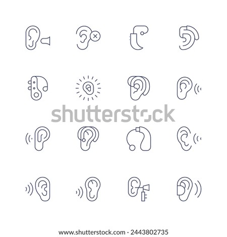 Hearing icon set. Thin line icon. Editable stroke. Containing earplug, deaf, hearingaid, listen, auditory, hearing, ear, hear.