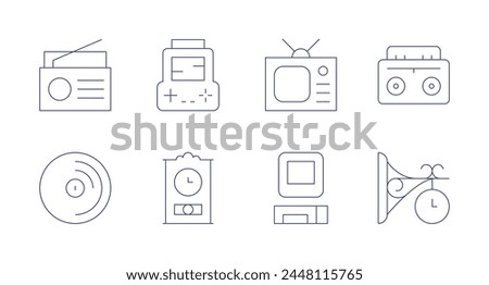 Retro icons. Editable stroke. Containing radio, television, vinyl, computer, console, clock, cassetteplayer, wallclock.