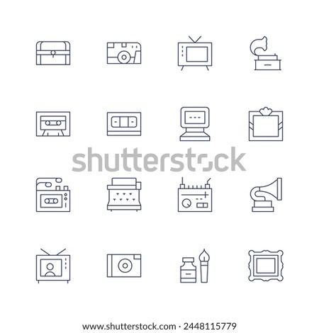 Retro icon set. Thin line icon. Editable stroke. Containing walkman, radio, television, cassette, inkpen, computer, videotape, typewriter, camera, frame, phonograph.