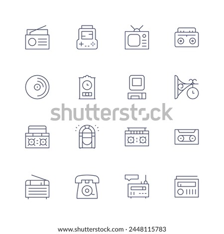 Retro icon set. Thin line icon. Editable stroke. Containing boombox, radio, television, vinyl, computer, console, clock, jukebox, telephone, cassetteplayer, cassette.