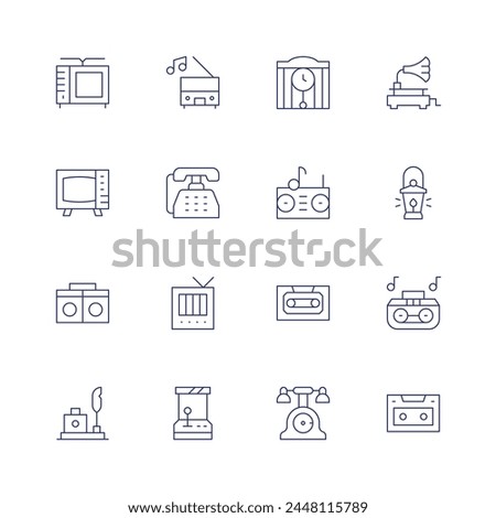 Retro icon set. Thin line icon. Editable stroke. Containing quill, telephone, boombox, music, television, cassette, clock, radio, phone, tv, arcadegame, lantern, gramophone.